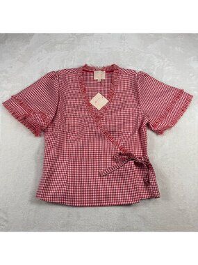NWT Nurode Anthropologie Red White Gingham Wrap Top Blouse Small Pin Up